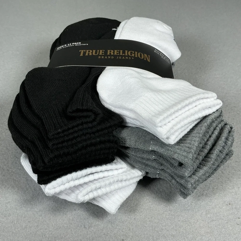 True Religion Mens 12 Pack Quarter Socks Cushioned Black White Gray 10-13‎